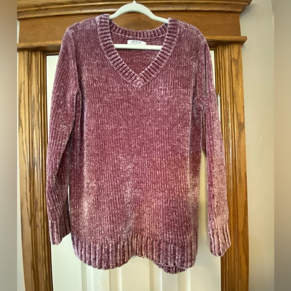 Orvis Chenille Velvet Pullover Sweater Rose Mauve Pink Velour V Neck Wom…